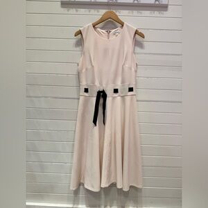 Calvin Klein Ivory and Black Belted Fit and Flare Stretch Commuter Dress